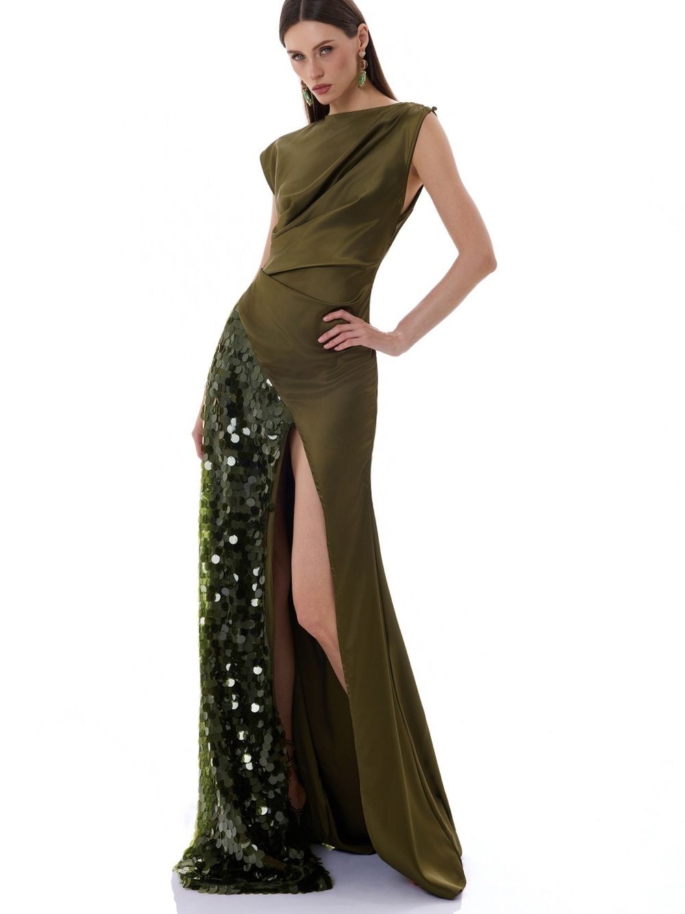 Violet Aurora Olive Green Sequin Satin High Slit Formal Gown Size L NWT